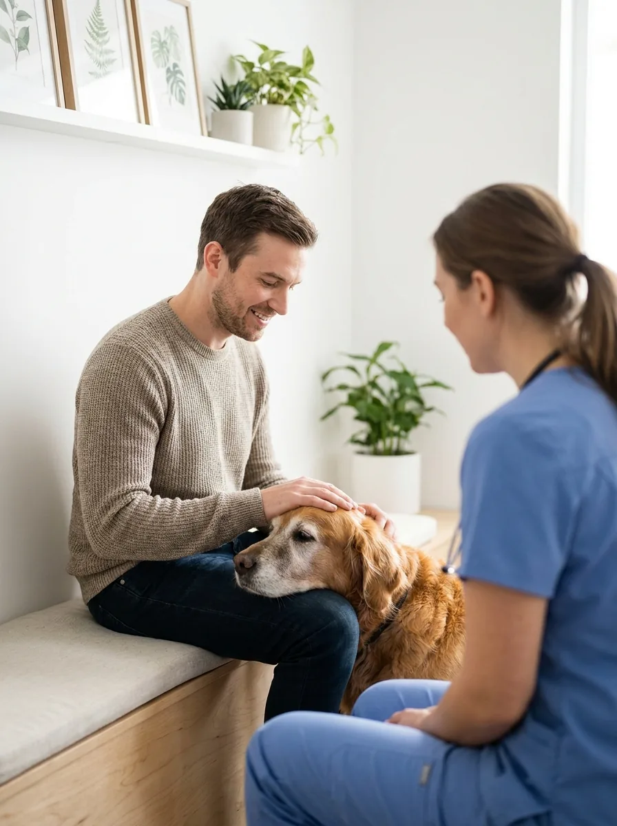 Hundehalter mit Golden Retriever bei der Tierärztin