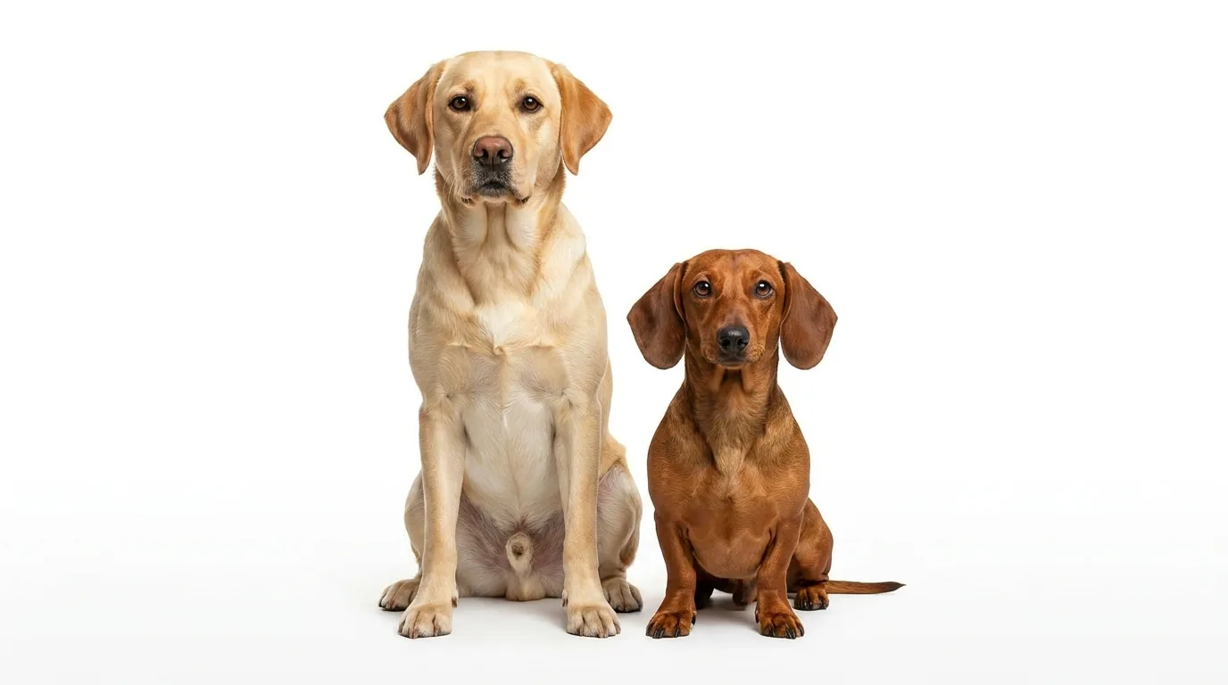 Labrador und Dackel nebeneinander vor weißem Hintergrund