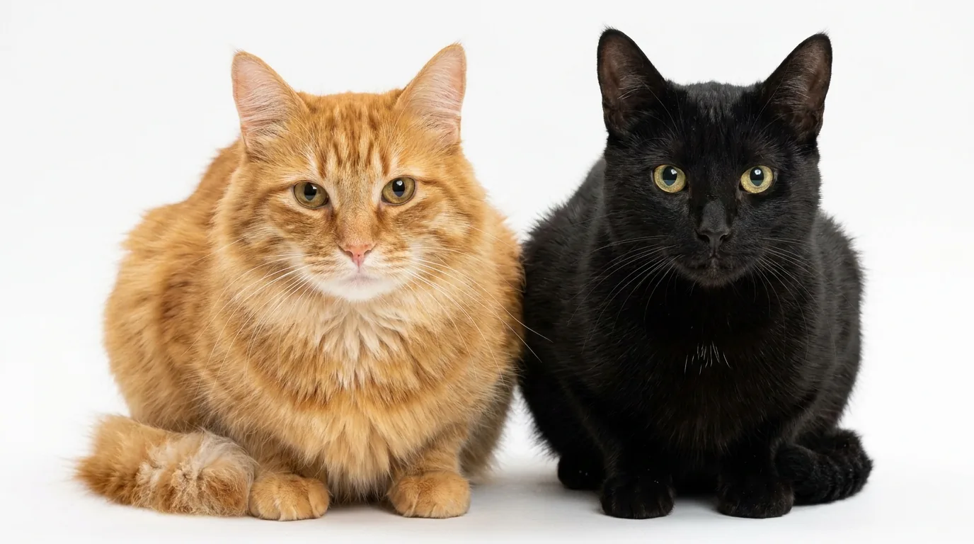 Rote und schwarze Katze nebeneinander vor weißem Hintergrund
